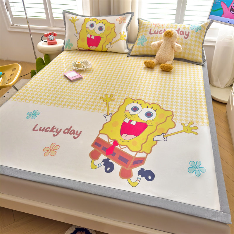 儿童卡通海绵宝宝冰丝凉席夏季学生宿舍席子可机洗水洗软席三件套