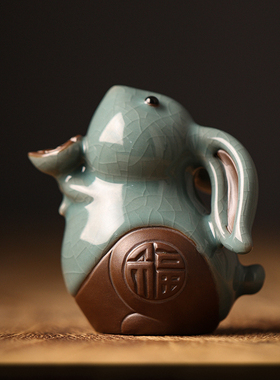 创意陶瓷哥窑十二生肖兔年小动物摆件可爱小兔子茶台茶道茶宠装饰