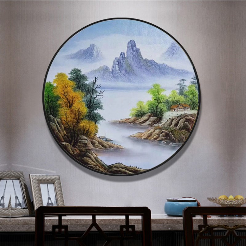 玄关圆形风景油画纯手绘装饰画山水画客厅餐厅入户简约新中式圆框图片