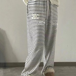 条纹宽裤 女秋冬垂感毛巾绒绒直筒裤 宽H松遛弯洋派慵懒风横条长裤
