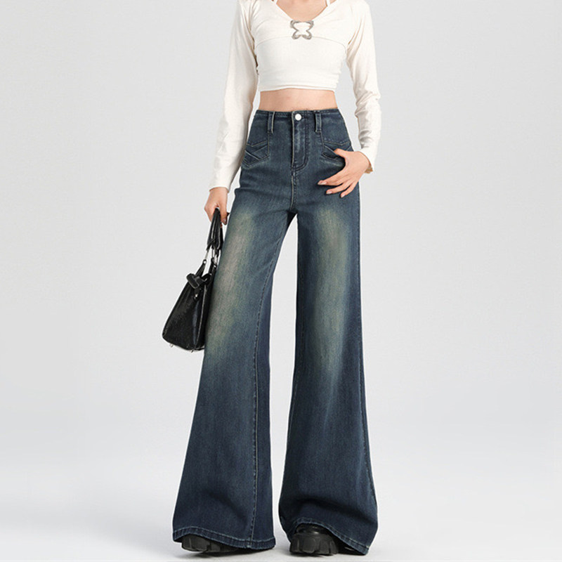 2025年夏新款高腰宽松微喇牛仔裤女显瘦小个子深蓝色裤薄款九分裤