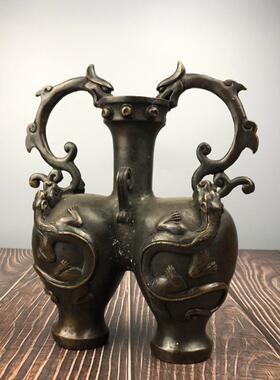 古玩仿古收藏 仿古铜花瓶摆件双龙花瓶家居办公室工艺品装饰摆件