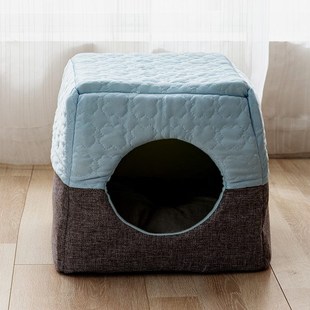 新品 可用宠物猫屋猫 宠物猫窝亚麻拼接款 两用猫房小D型犬窝垫四季