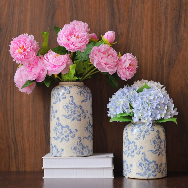 青花瓷花瓶陶瓷高级感法式乡村复古花瓶陶瓷做旧裂纹花瓶水培