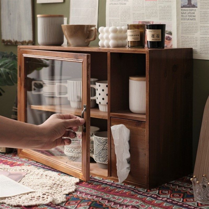 zakka网红置物架带纸巾盒复古双层木质茶具桌面收纳盒杯子防尘柜