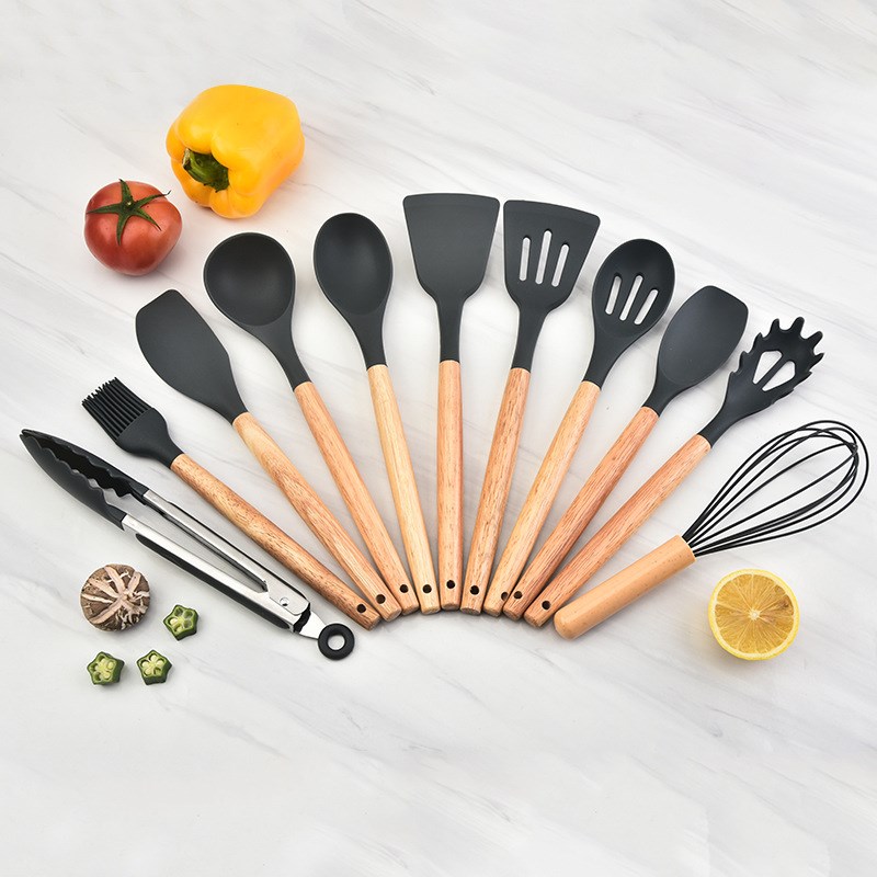 木柄硅胶铲勺套装硅胶厨具12件套 烹饪铲勺硅胶厨具套装彩盒包装
