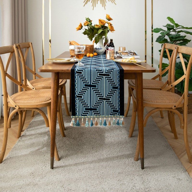 美式复古桌旗色织提花几何线条流苏家用涤纶台布床尾旗斗柜盖巾