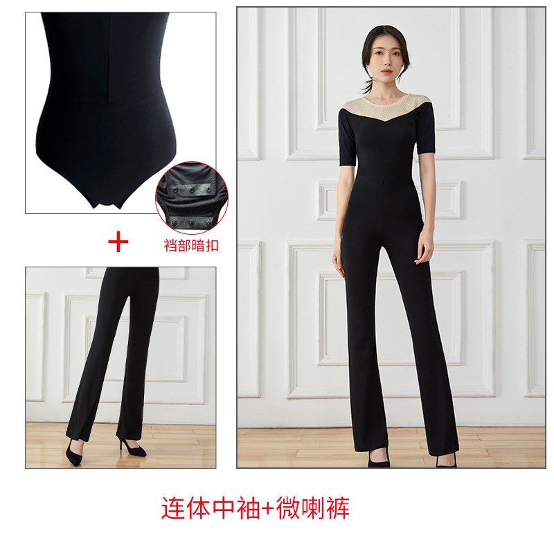 柏曼伽形体礼仪训练服套装女带暗扣镶钻连裆体喇叭裤优雅气质夏季