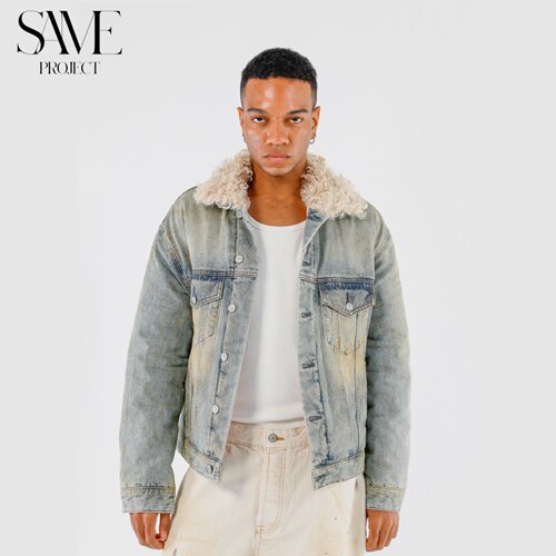 SPJ 25FW牛仔棉服「复古风水洗怀旧毛领绒粉色加绒加棉短宽版型」
