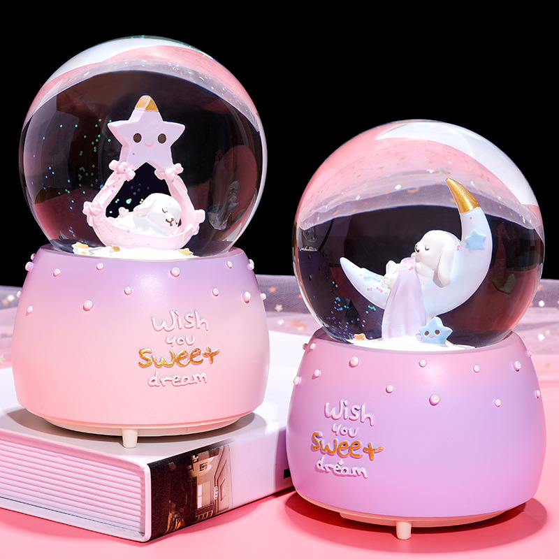 彩灯飘雪花月亮晚安兔子玻璃水晶球音乐盒八音盒女生儿童生日礼品