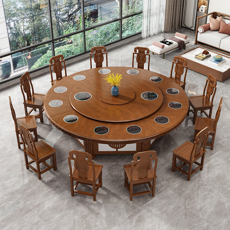 酒店电动实木餐桌火锅桌餐厅10人12人大圆桌商用饭店一人一锅桌子