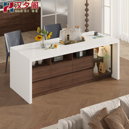 中古风岩板岛台餐桌一体新款中岛台小户型吧台茶桌酒柜储物柜1E69