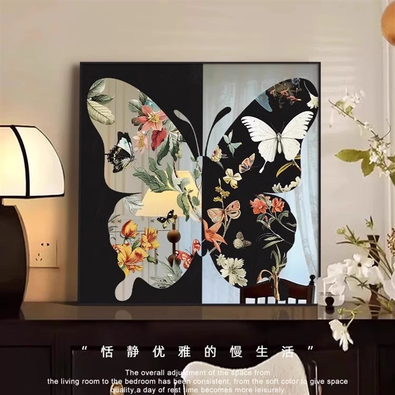 法式复古风客厅装饰画镜子高级感沙发背景墙面挂画蝴蝶桌面摆件画图片