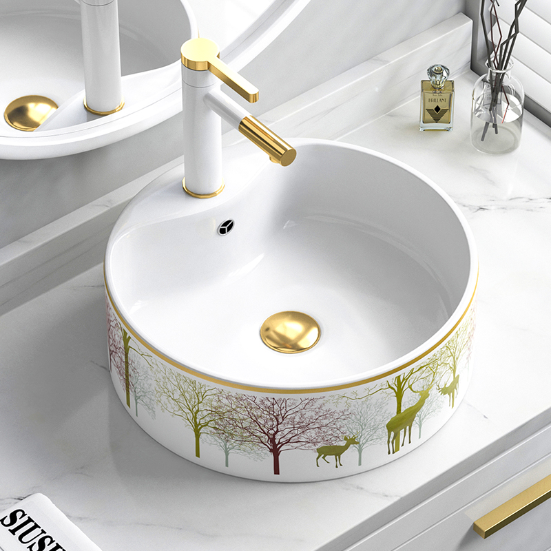 金色金边陶瓷台上盆洗手盆洗脸盆家用洗漱池圆形洗面盆台盆