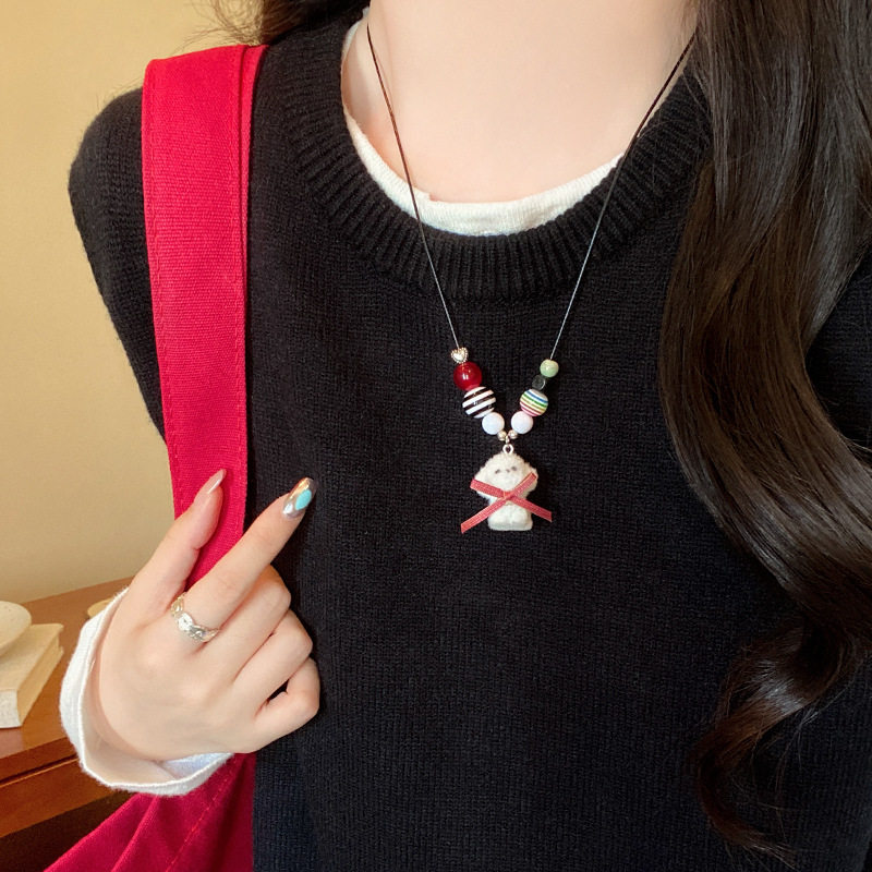 轻奢简约抽拉式爱心毛绒可爱小狗项链女甜美百搭挂脖吊坠毛衣链