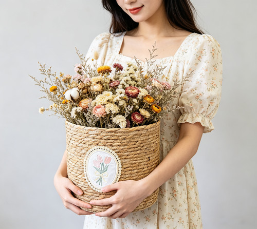 草编花篮藤编花盆田园手工编织手提插花绿萝多肉鲜花壁挂摆件装饰