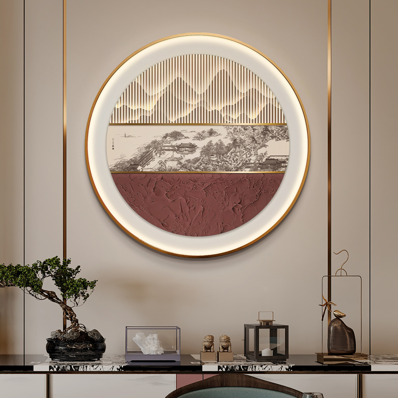 新中式圆形玄g关走廊过道装饰画风景浮雕灯光画客厅沙发背景墙壁图片