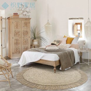 加厚特厚手工纯黄麻m地毯圆形流苏穗客厅茶几田园房间书房地垫定