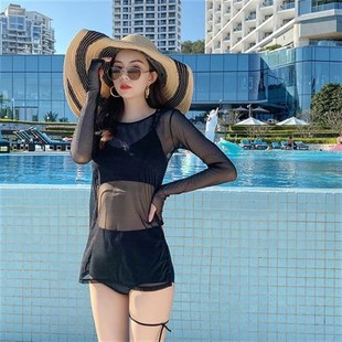 泳衣女f三件套顯瘦運(yùn)動平角黑色遮肚聚攏罩衫 分體式 泡溫泉2023新