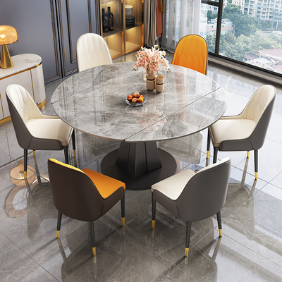 岩板旋转餐桌可变圆桌家用伸缩两用折叠多功能现代餐桌椅