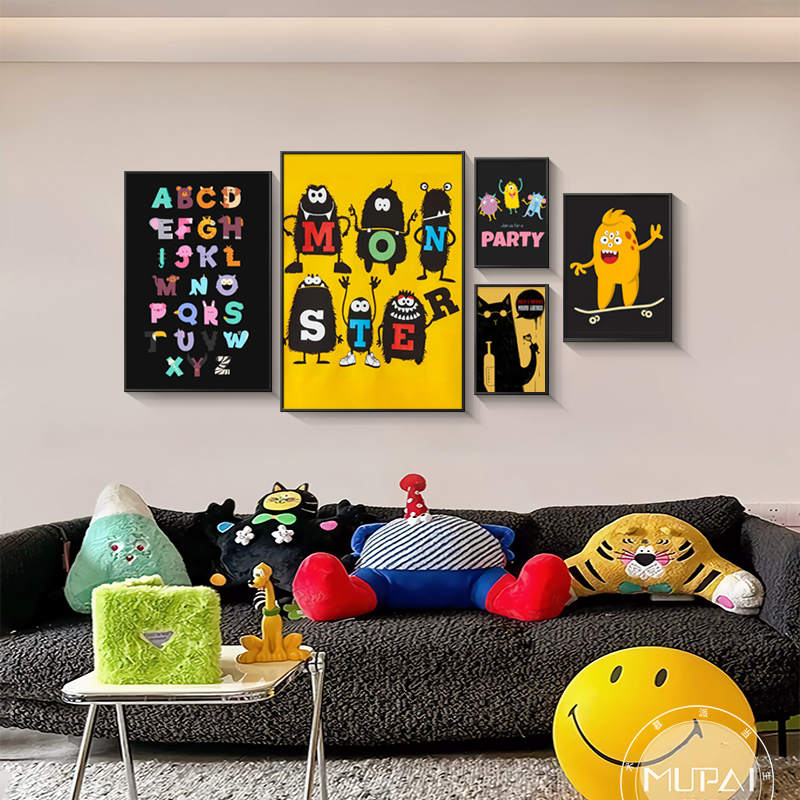 小众艺术客厅装饰画组合挂画多巴胺卡通沙发背景墙卧室儿童房壁画图片