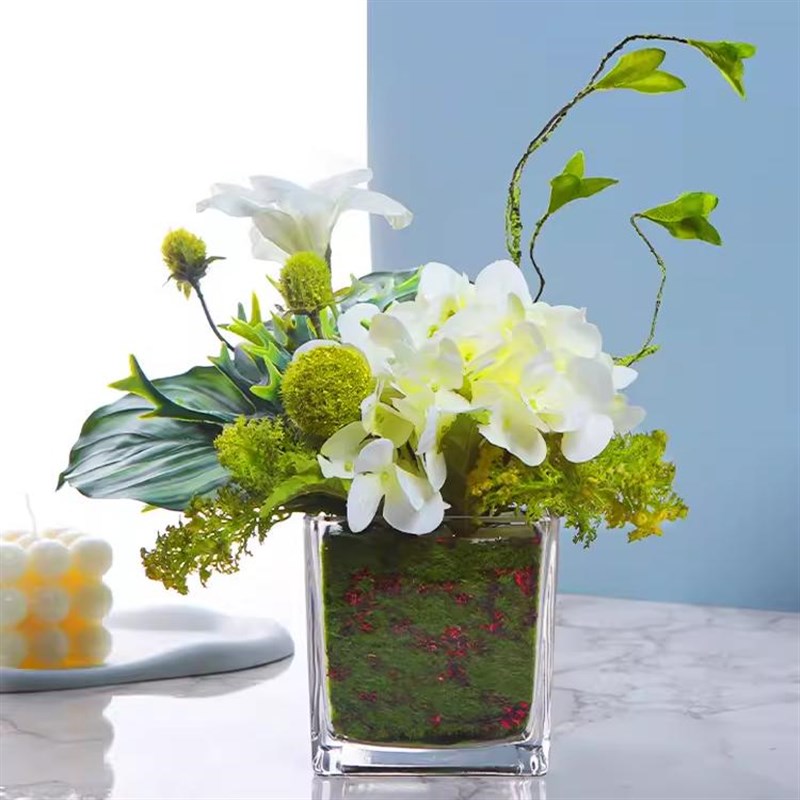 高档仿真花假花客厅摆设方缸玻璃小插花餐桌花艺摆件会议桌面装饰