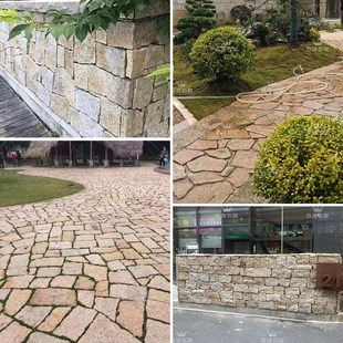 天然黄锈石岗岩毛石自然面吧台会所酒店客厅碎拼文化背景墙