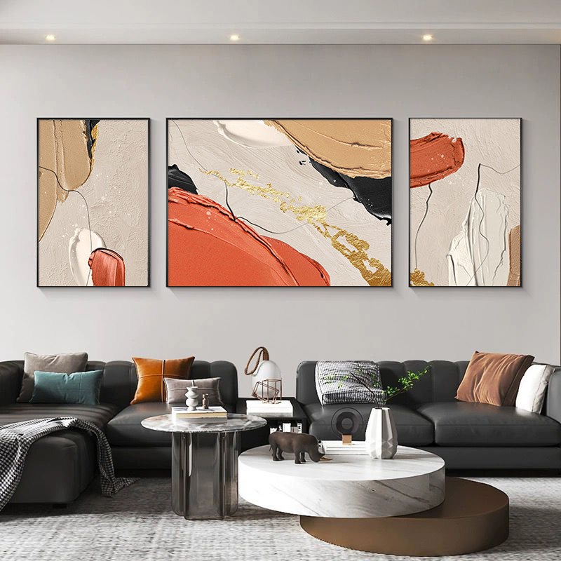 现代简约福禄客厅装饰画三联组合沙发背景墙挂画抽象橙色线条壁画图片