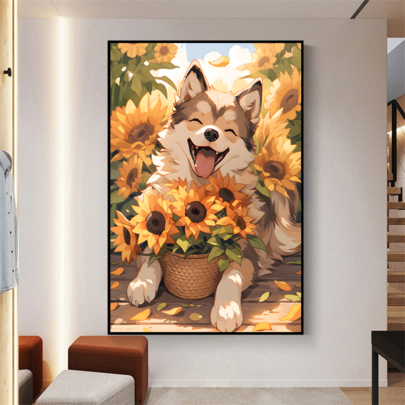 简约现代狗狗儿童房挂画装饰画卧室壁画可爱动物柴犬萌宠玄关走廊图片