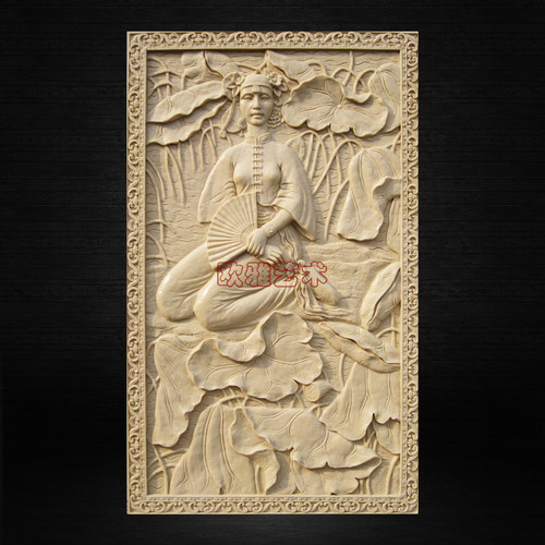 酒店别墅外墙饰浮雕背景墙砂岩荷美女图玄屏风艺术壁画