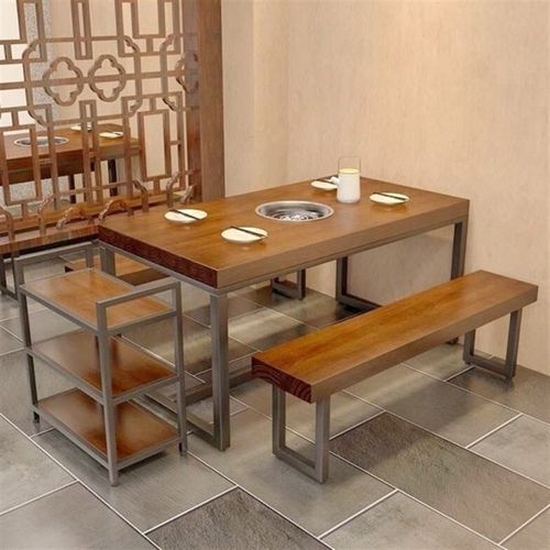 饭店休闲火锅实木餐桌酒店商用长方形复古桌子铁艺餐桌椅