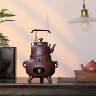家用泡茶壶煮茶壶酒精温茶暖茶炉炭炉 圭隐堂粗陶提梁壶煮茶炉套装