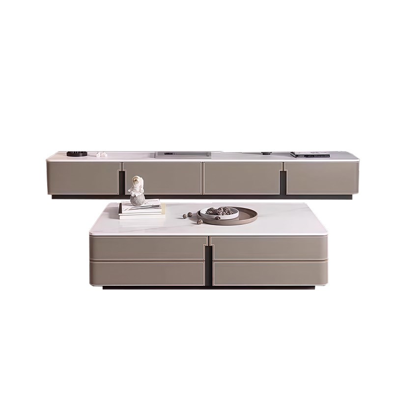 意式极简马鞍皮落地电视柜茶几组合现代实木岩板客厅家用落地机柜