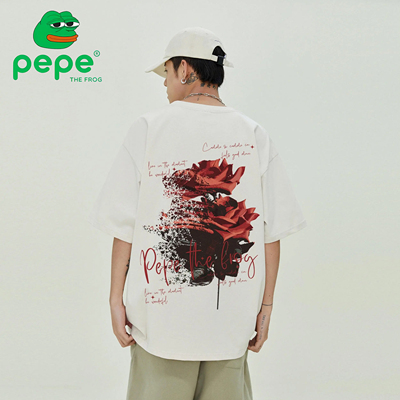 潮牌玫瑰幻影图案字母印花T恤