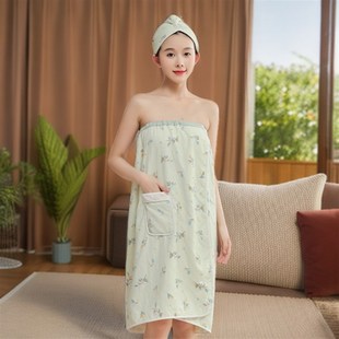浴巾家用女可穿可裹柔软吸水大人浴袍式 夏季 家用薄浴裙干发帽套装