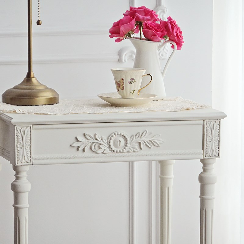 GZ036 法式乡村田园白色雕花床头柜边柜客厅沙发边几方几休闲桌