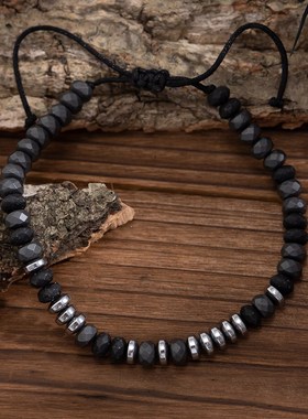 黑胆石松石串珠手链男嘻哈小众简约百搭时尚个性手工编织手串手饰