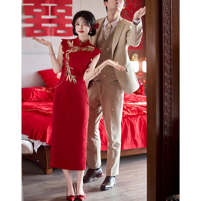 红色无袖旗袍敬酒服新娘2025新款订婚礼服裙结婚新中式回门高级感