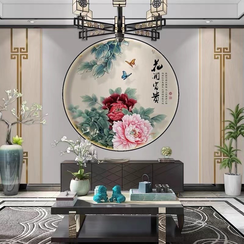 花鸟牡丹圆形灯画餐厅卧室背景墙挂画中式花卉入户玄关茶室装饰画图片