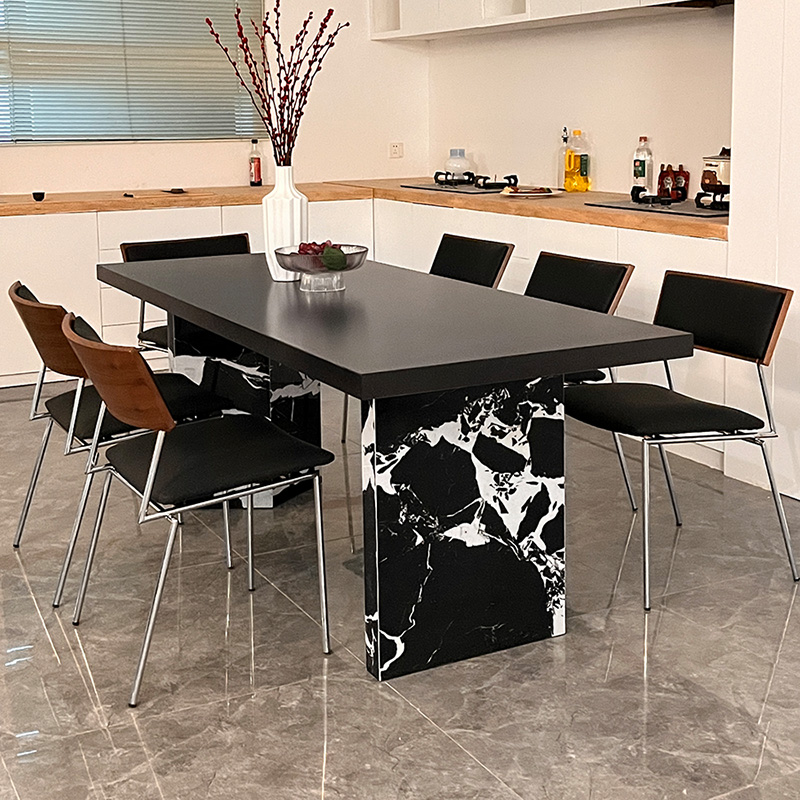 下挂纯黑岩板大板茶桌书桌复古椅大户型长方形简约现代餐桌椅组合