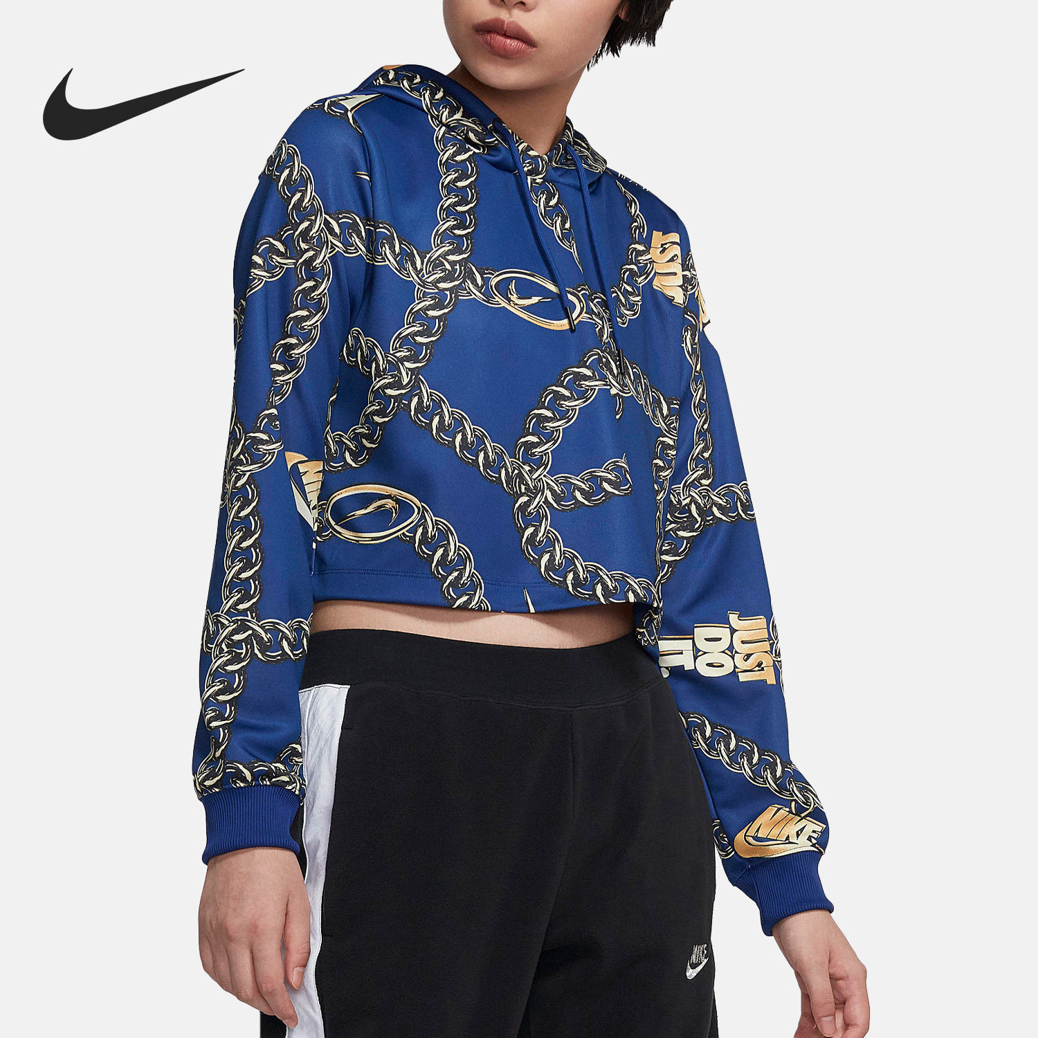 Nike/耐克官方正品女士链条图案满印连帽蓝色套头卫衣CJ6306-455