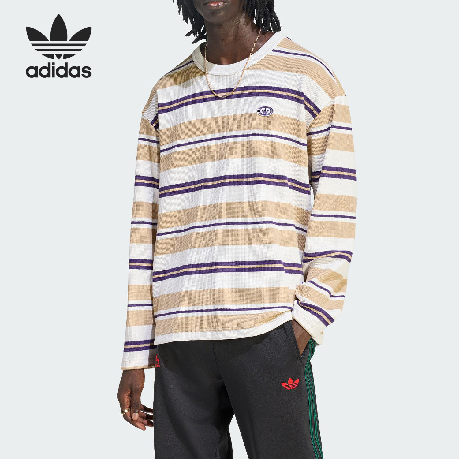Adidas/阿迪达斯官方正品三叶草男士圆领套头条纹长袖上衣KS6849 - 实物图