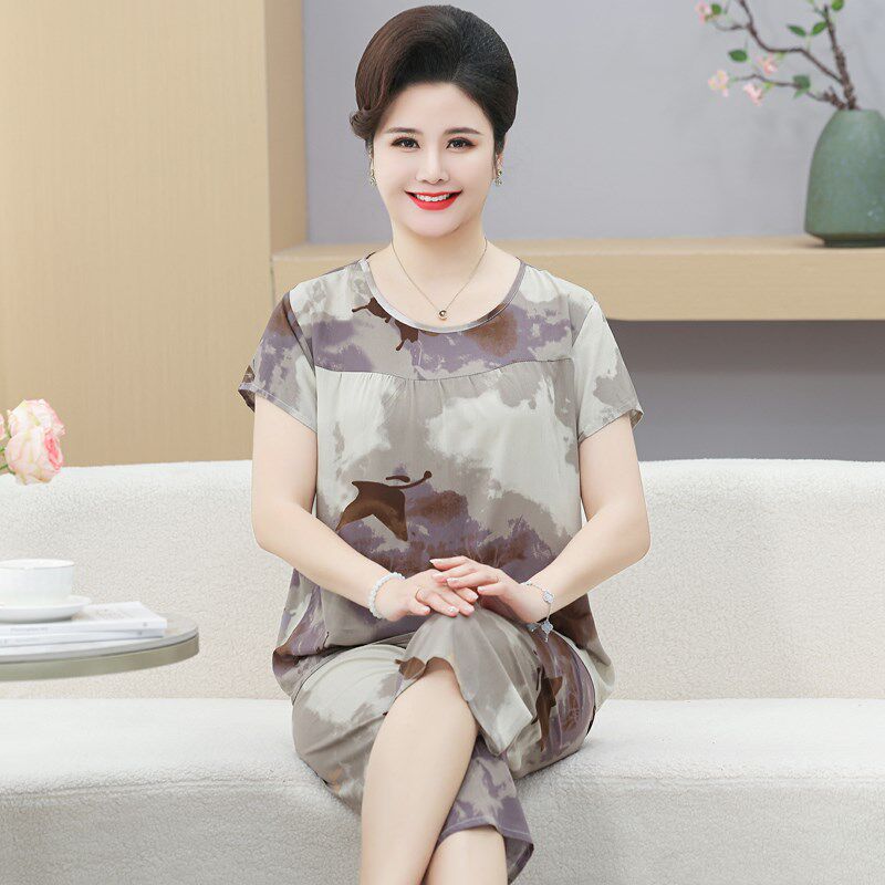 妈妈绵绸睡衣女款2025新款夏七分裤中老年棉稠大码老人家居服套装