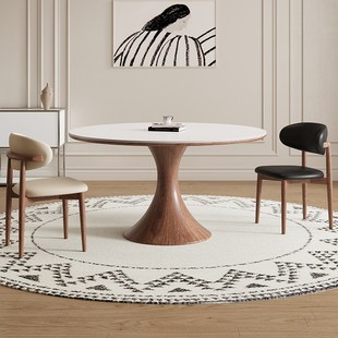 奶油中古风小户型吃饭圆桌子 德利丰实木岩板餐桌圆形高端家用法式