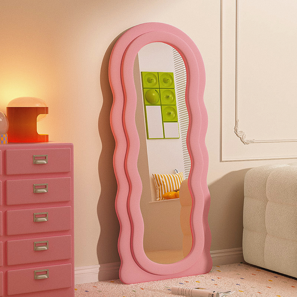 全身镜落地镜奶油in风试衣穿衣镜法式中古家用女生卧室波浪镜子