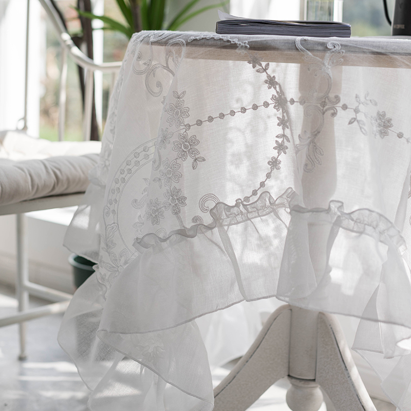 韩式田园in风小茶几餐桌布长方形甜品台布白色蕾丝刺绣盖巾布艺