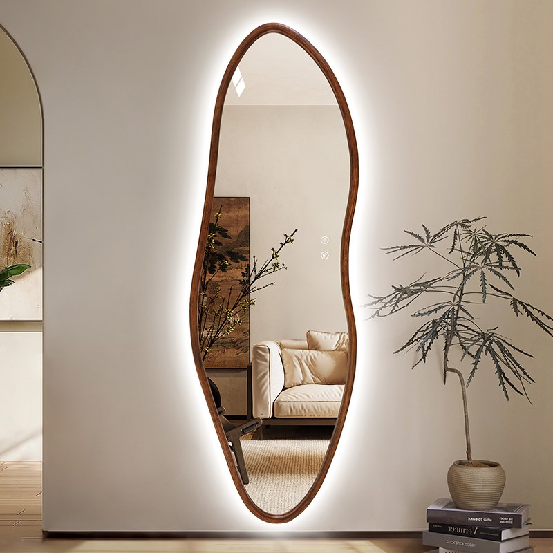 中古风智能全身镜衣帽间实木异形LED试衣镜子挂墙家用带灯穿衣镜