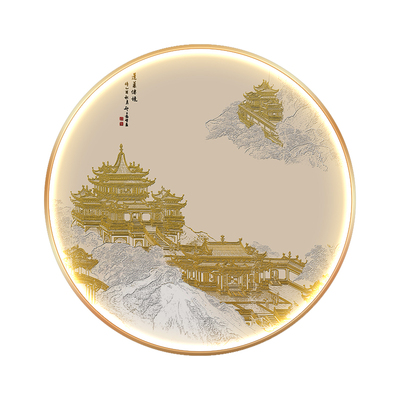 新玄关装饰画带灯灯画圆形发光壁画走廊过道水墨鹤楼背景挂画