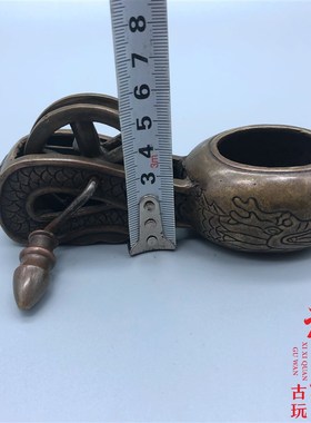 纯黄铜老古董代龙戏珠纹饰老墨斗老物件复古微雕古玩杂项收藏