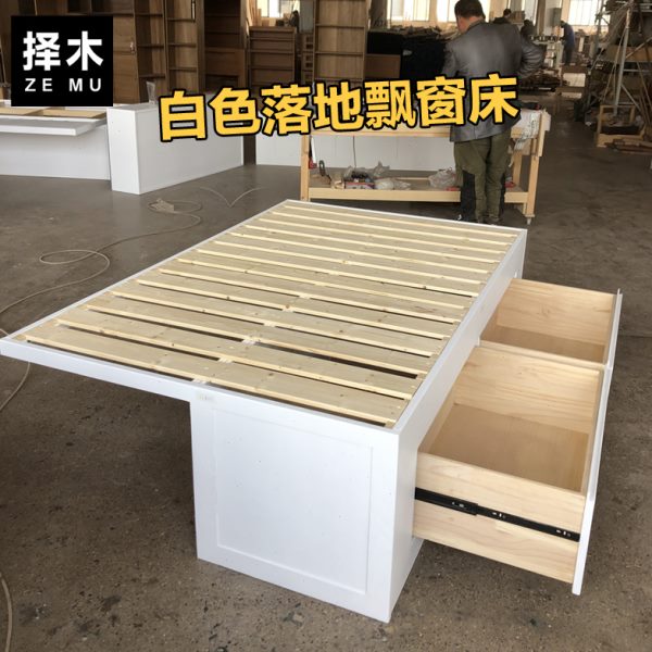 现代简约白色飘窗拼接床日式无床头榻榻米床北欧全实木双人储物床